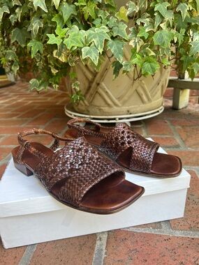 Sesto Meucci Brown Woven Leather Slingback Sandals